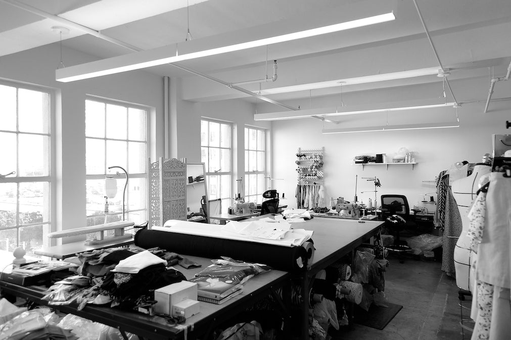 Black and white photo of the Pinecone Row DTLA atelier.